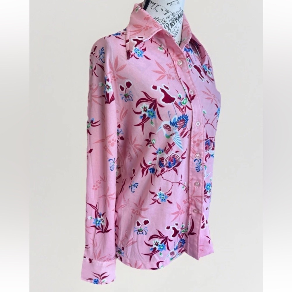 Vintage 70s Lerner Shops Pink Boho Birds & Floral Long Sleeve Button Down Top